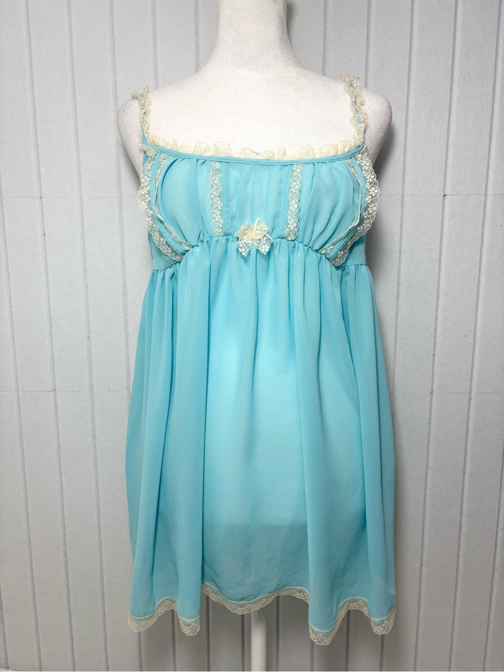 Victoria's Secret Y2K Vintage Sheer‎ Aqua Lace Trim Babydoll Chemise  Brief Set